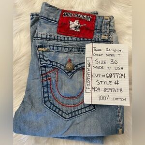 True Religion Jeans RICKY SUPER T, SIZE 36 Made In USA, RED THICK STITCH